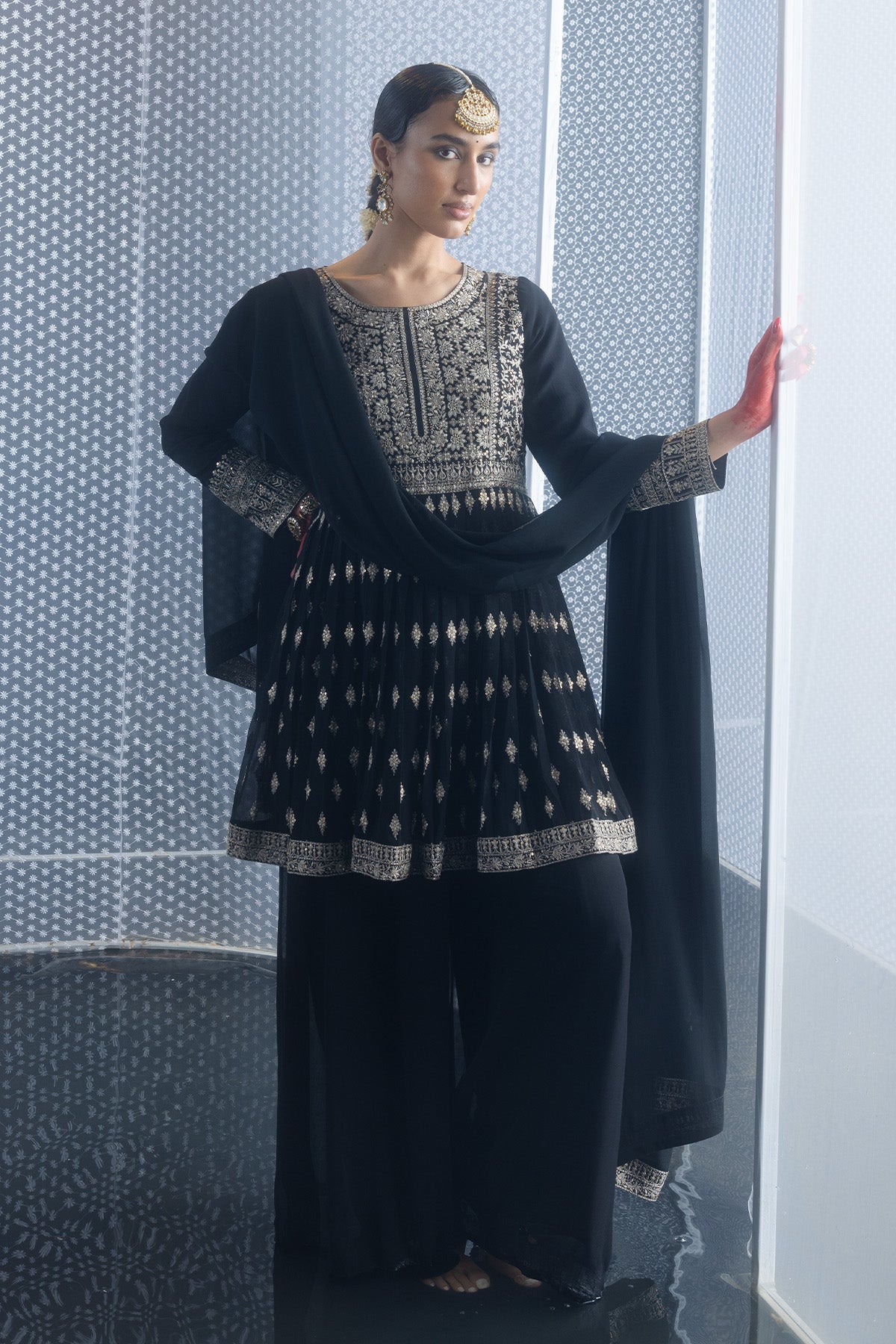 Black Embroidered Flared Kurta 3 Pcs Set