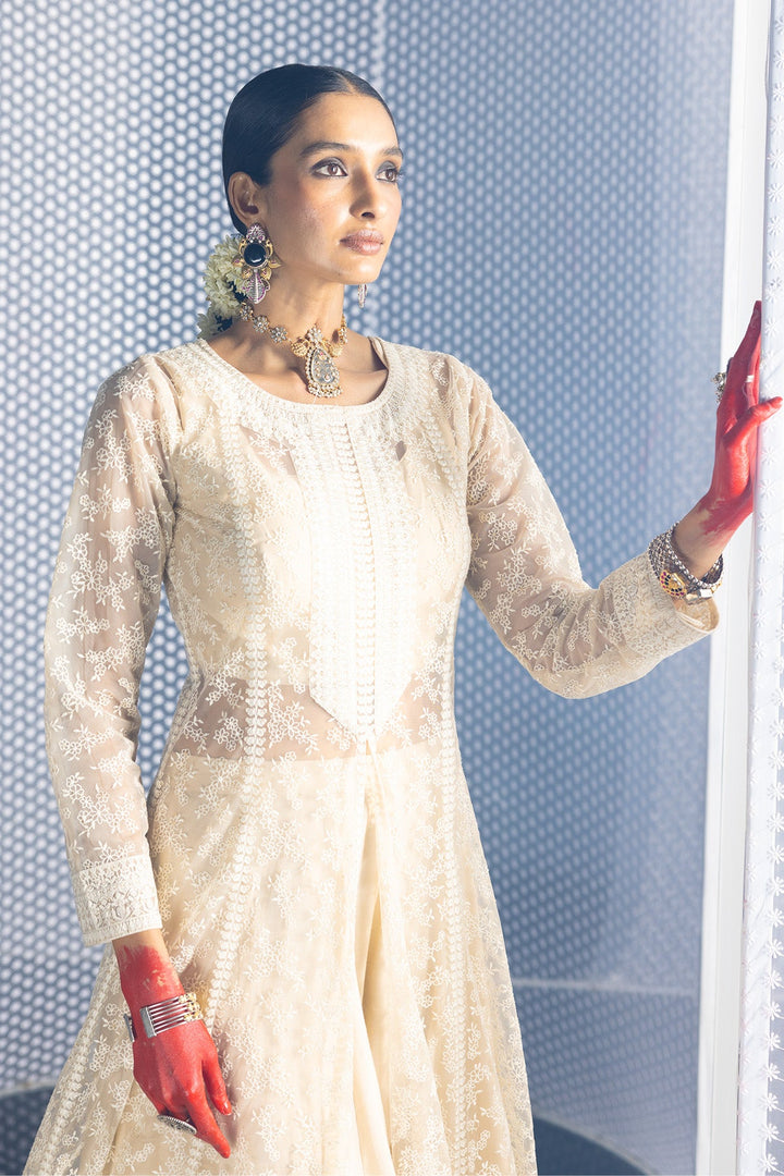 Cream Dress with Printed Shrug