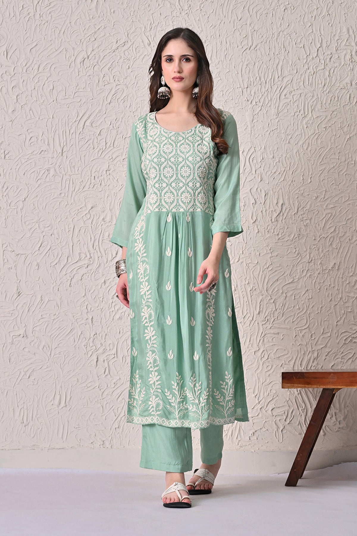 Green A-line Embroidered Kurta 3 Pcs Set