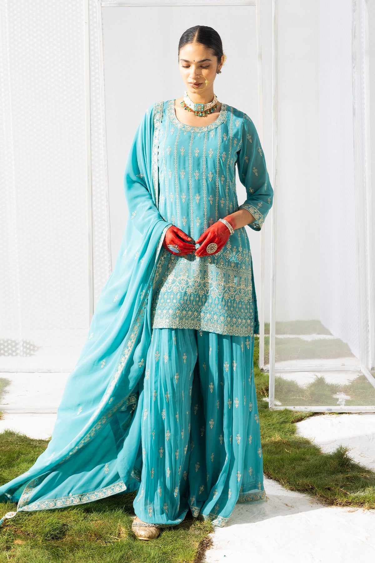 Green Embroidered Short Kurta 3 Pcs Set