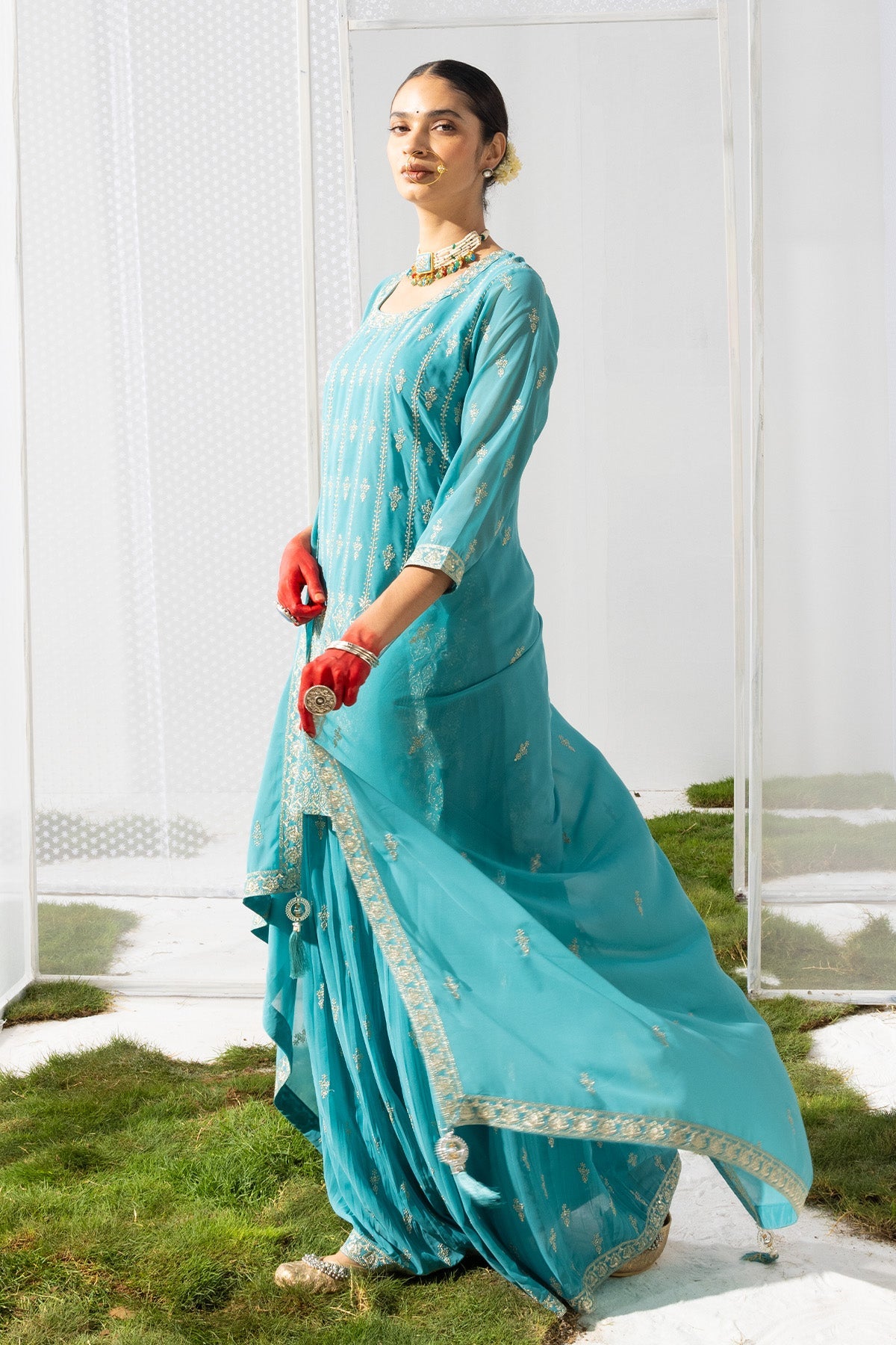 Green Embroidered Short Kurta 3 Pcs Set