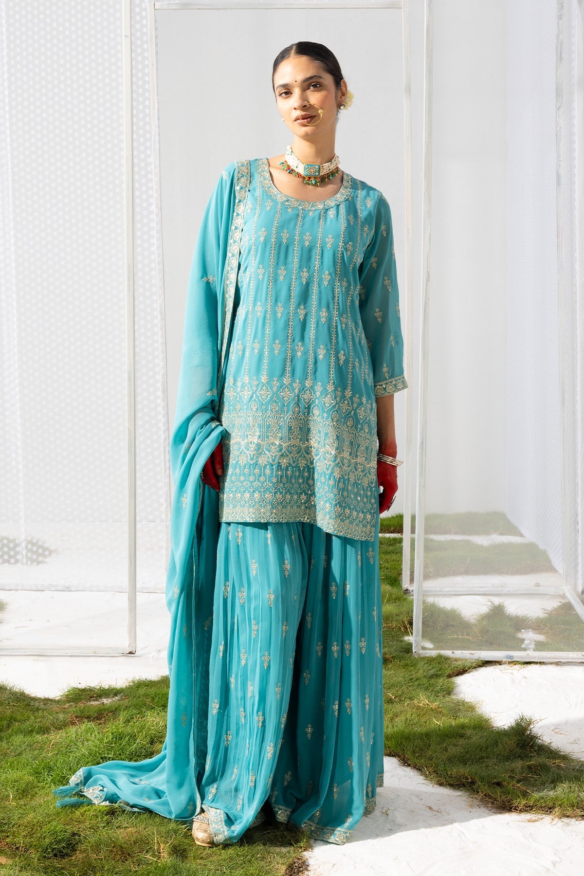 Green Embroidered Short Kurta 3 Pcs Set