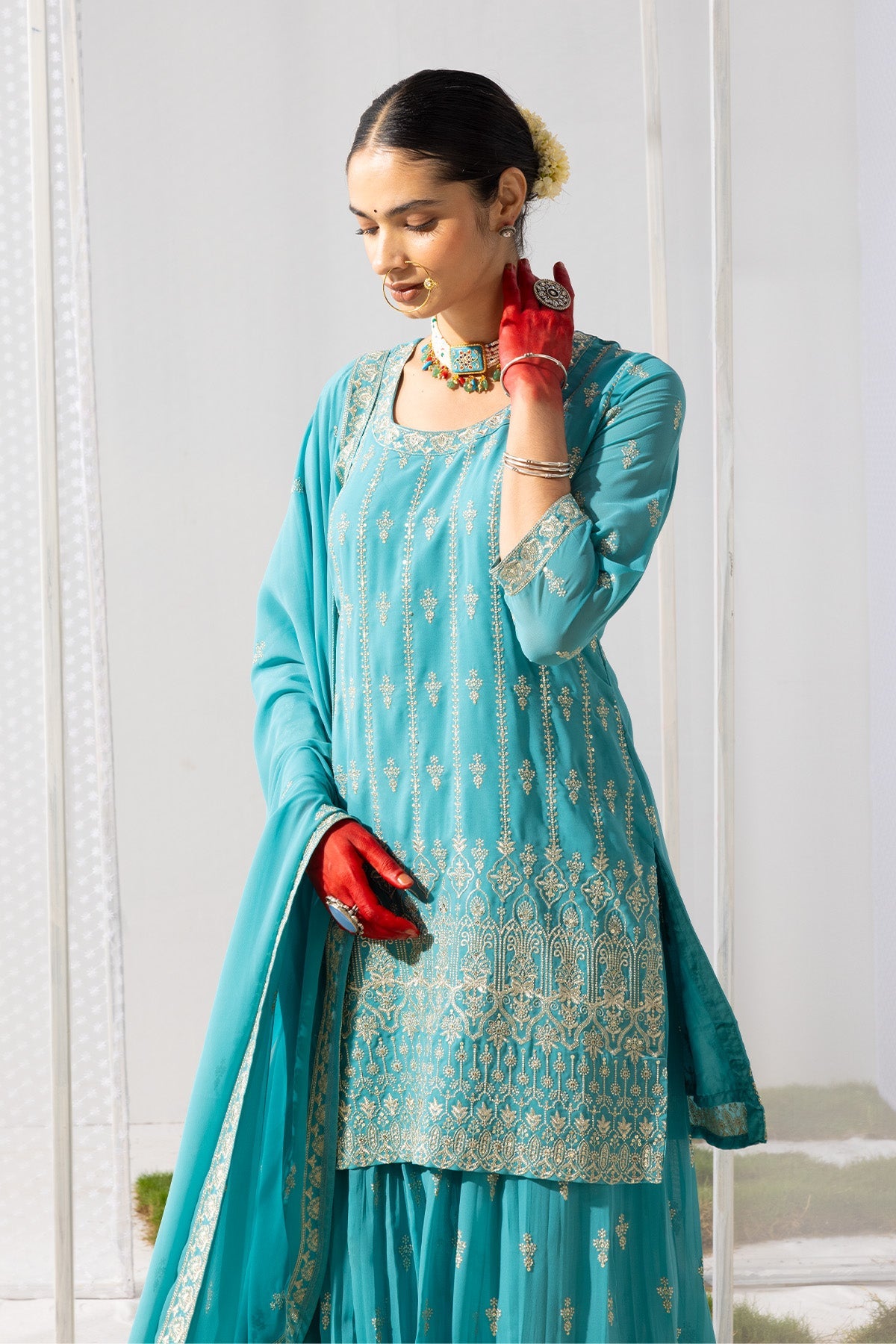 Green Embroidered Short Kurta 3 Pcs Set