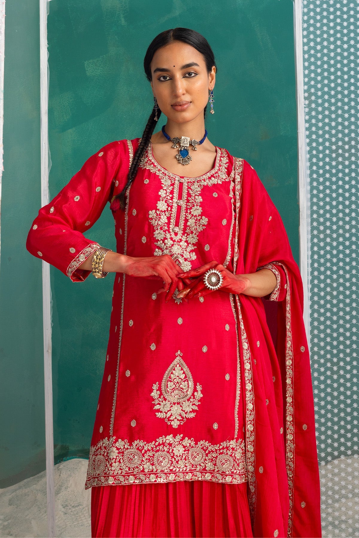 Pink Embroidered Short Kurta 3 Pcs Set