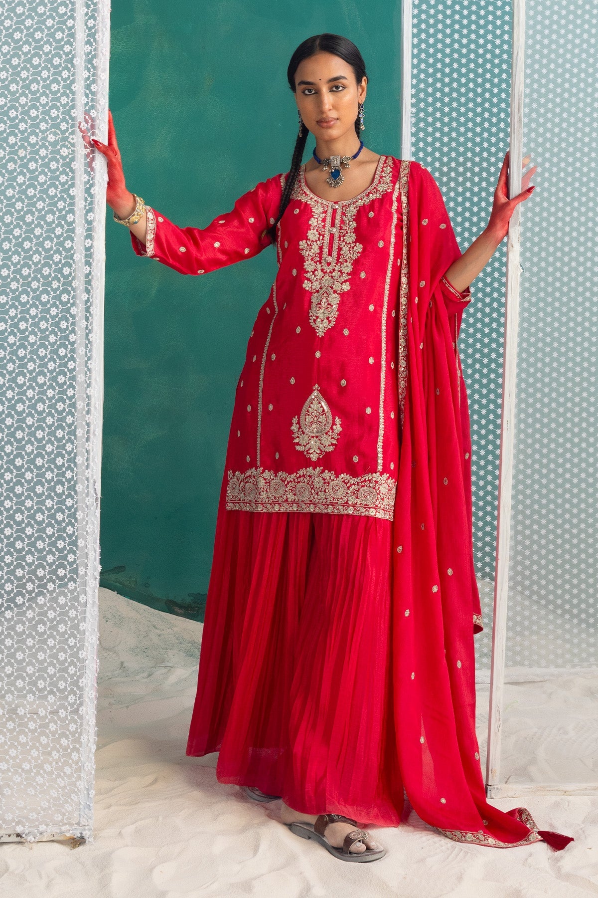 Pink Embroidered Short Kurta 3 Pcs Set