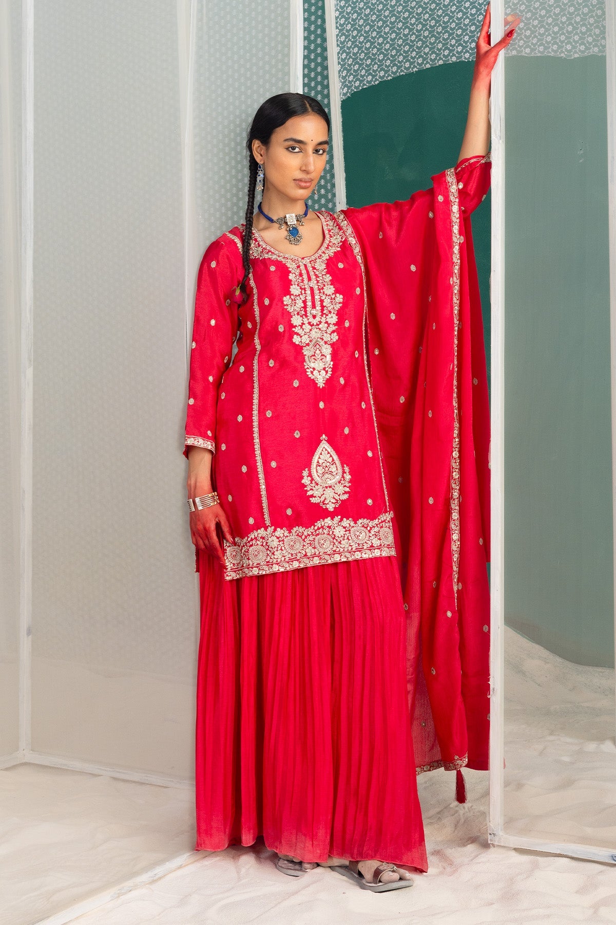 Pink Embroidered Short Kurta 3 Pcs Set