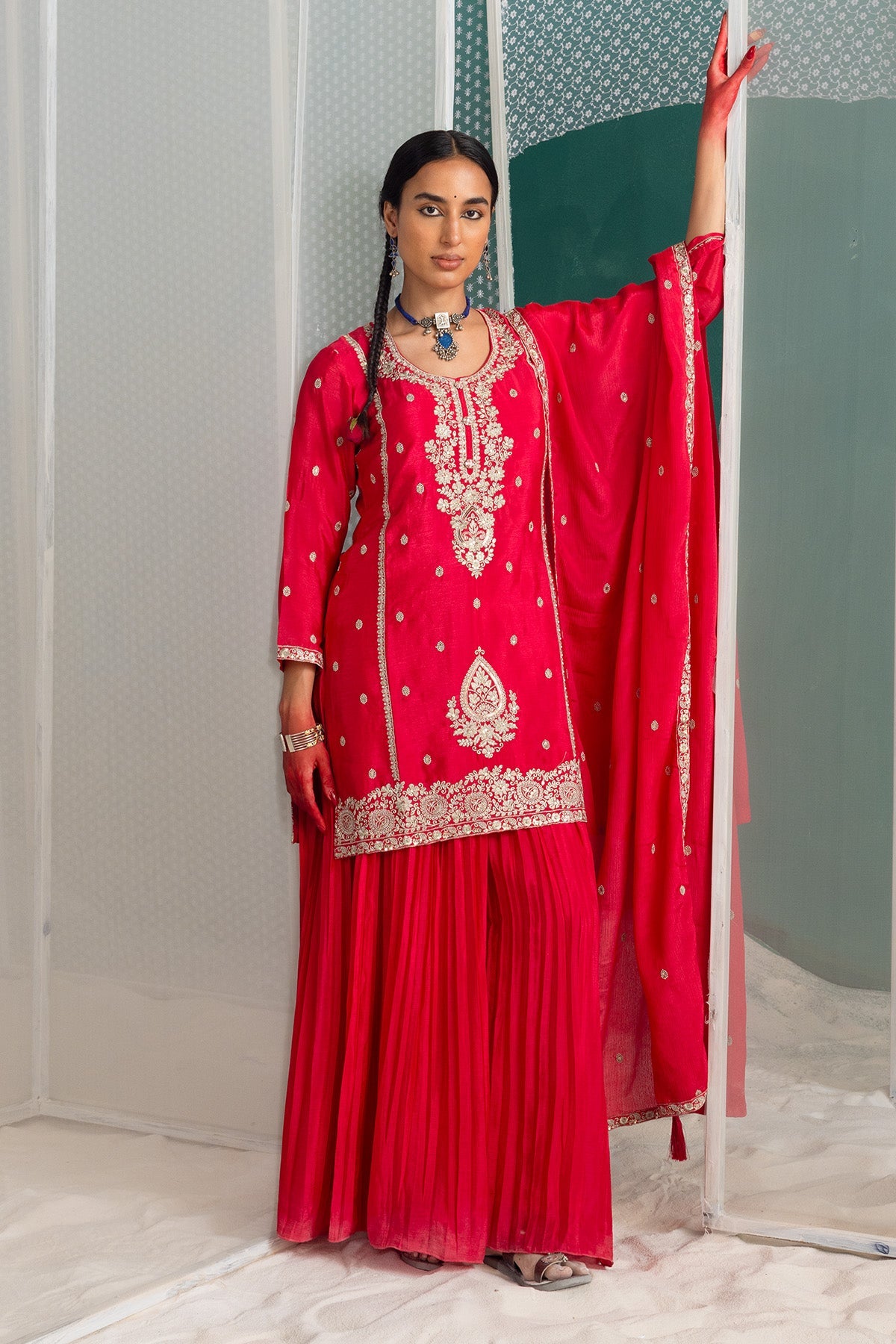 Pink Embroidered Short Kurta 3 Pcs Set