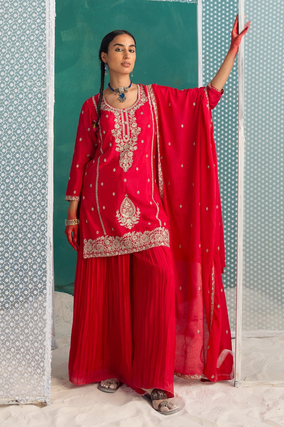 Pink Embroidered Short Kurta 3 Pcs Set