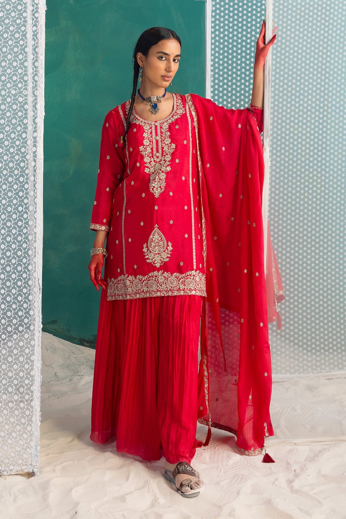 Pink Embroidered Short Kurta 3 Pcs Set