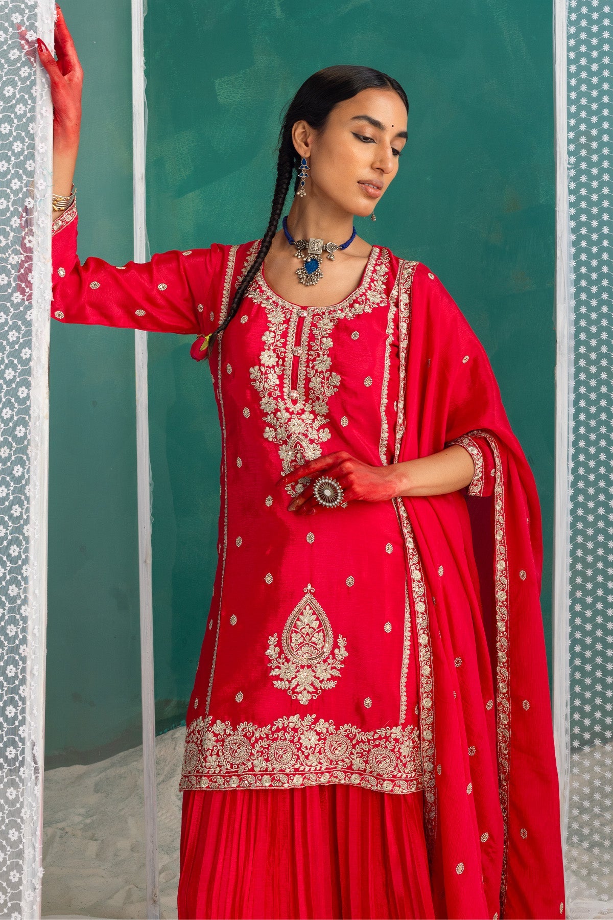 Pink Embroidered Short Kurta 3 Pcs Set