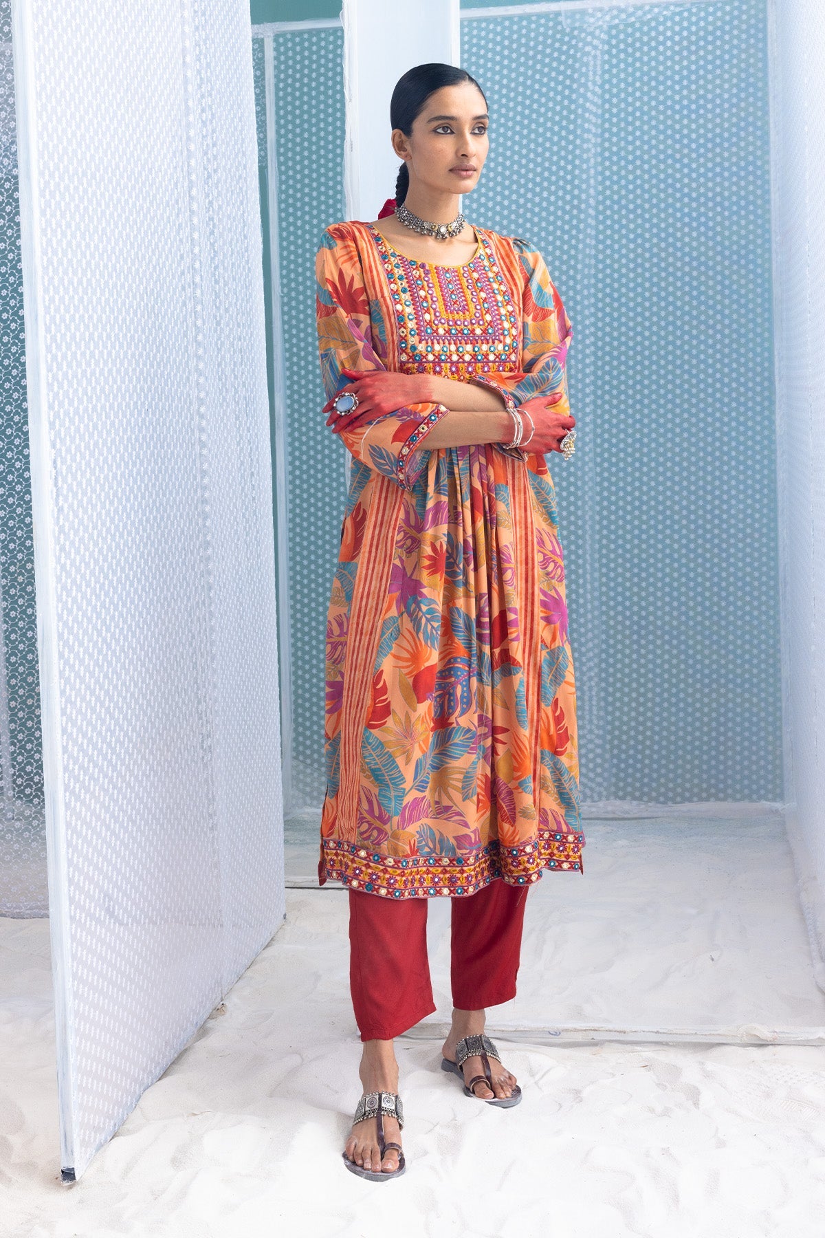Multi Yoke Embroidered Printed Kurta Set