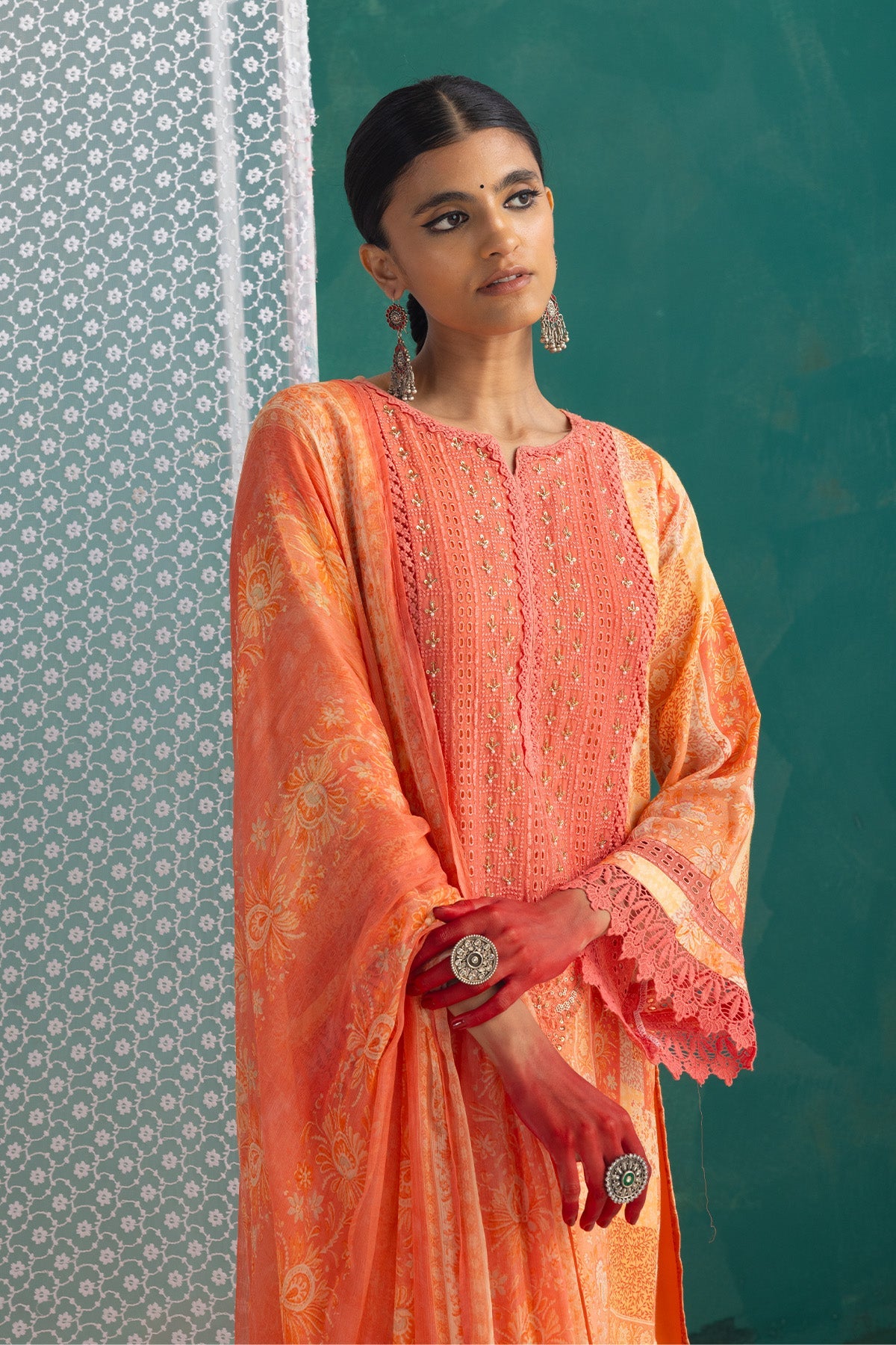 Peach Embellished Straight Kurta 3 Pcs Set