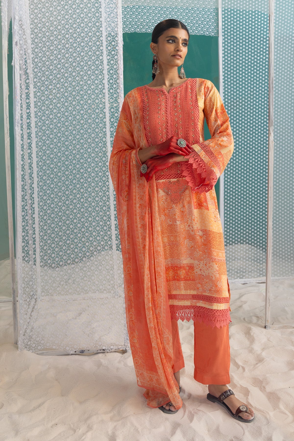 Peach Embellished Straight Kurta 3 Pcs Set