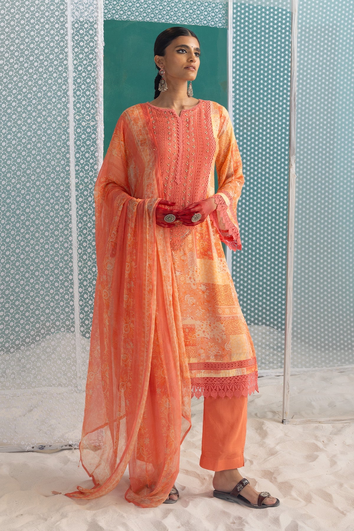 Peach Embellished Straight Kurta 3 Pcs Set