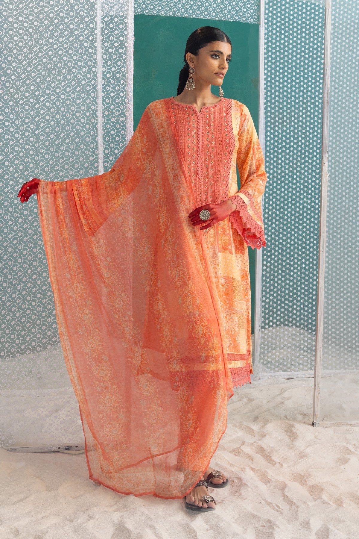 Peach Embellished Straight Kurta 3 Pcs Set