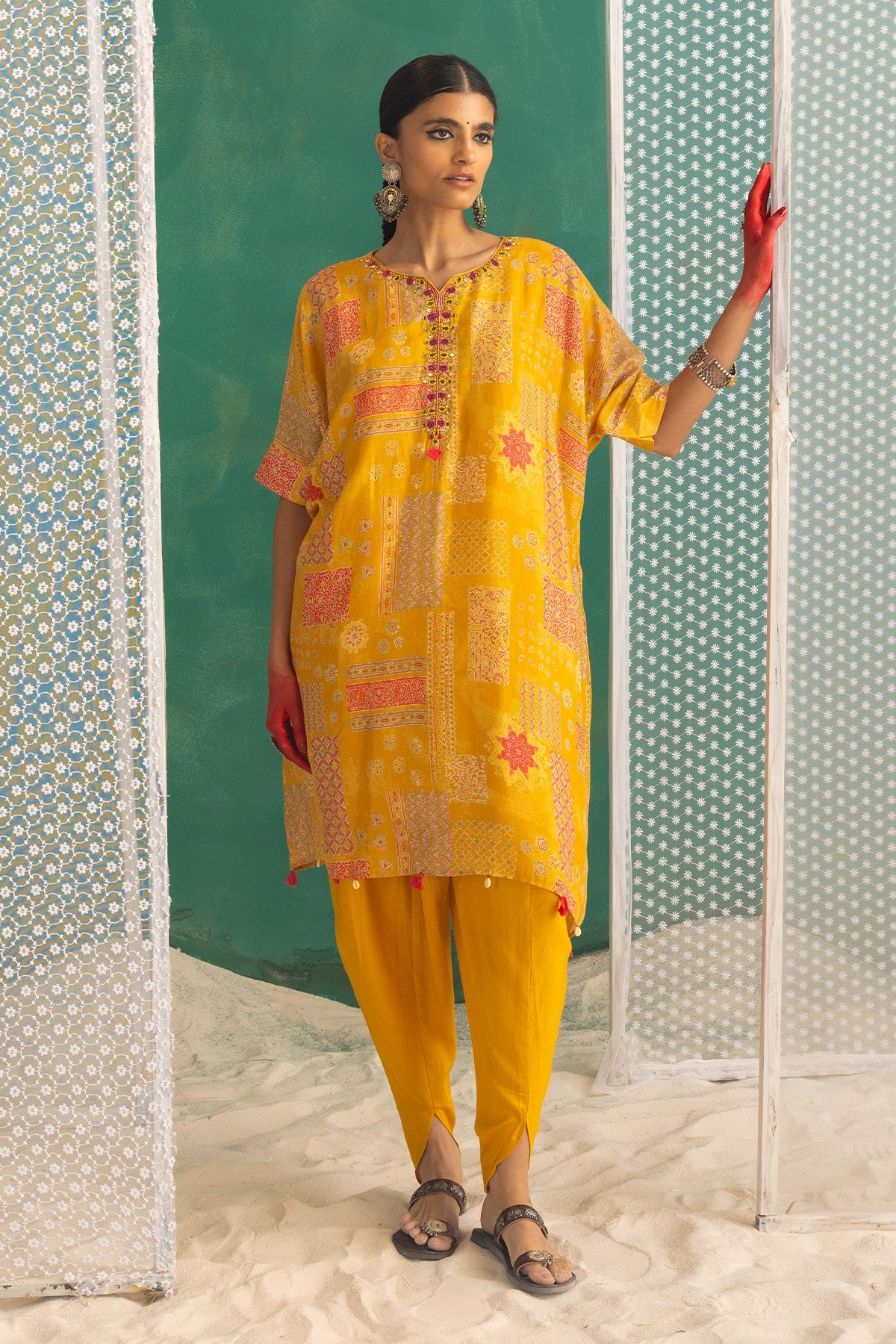 Yellow Printed Kaftan Set