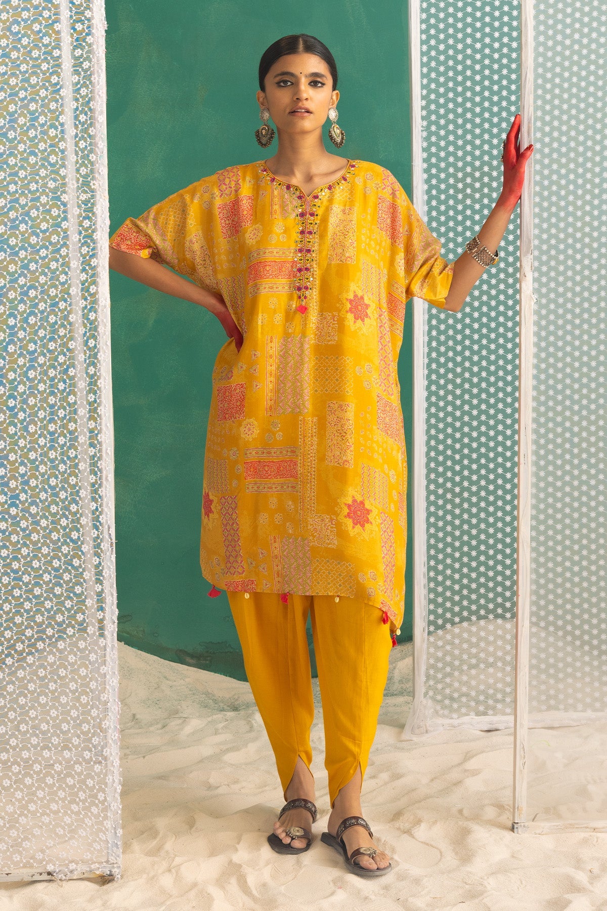 Yellow Printed Kaftan Set