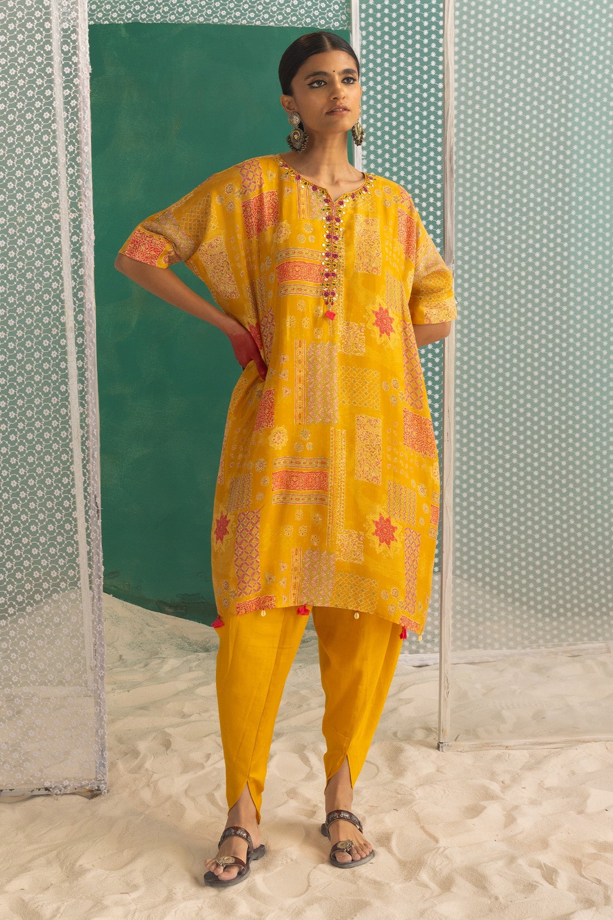 Yellow Printed Kaftan Set