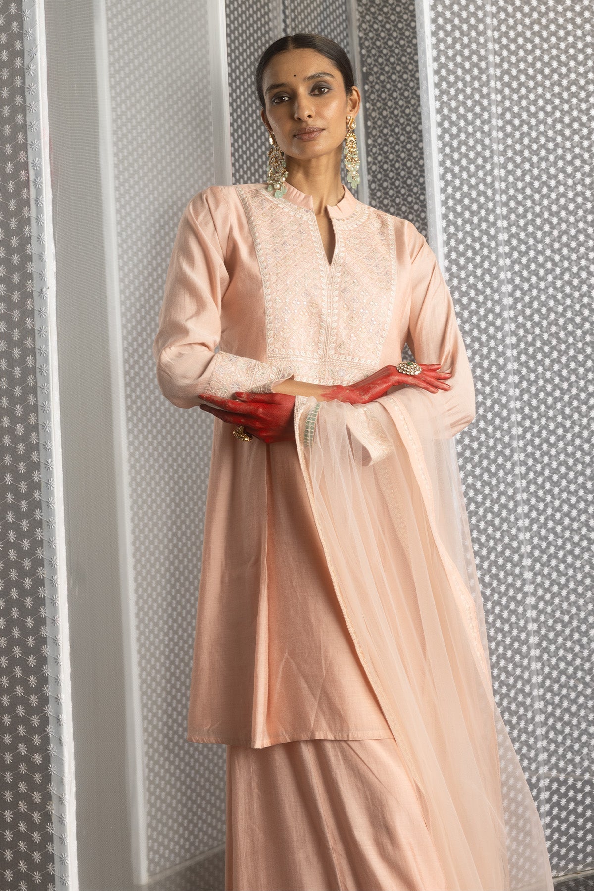Peach Embroidered Flared Kurta Set