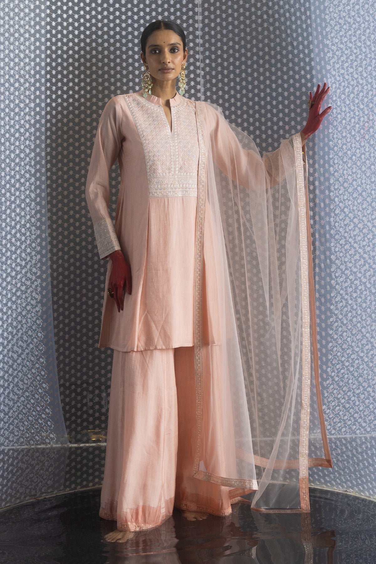 Peach Embroidered Flared Kurta Set