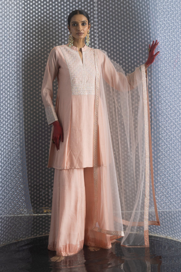 Peach Embroidered Flared Kurta Set