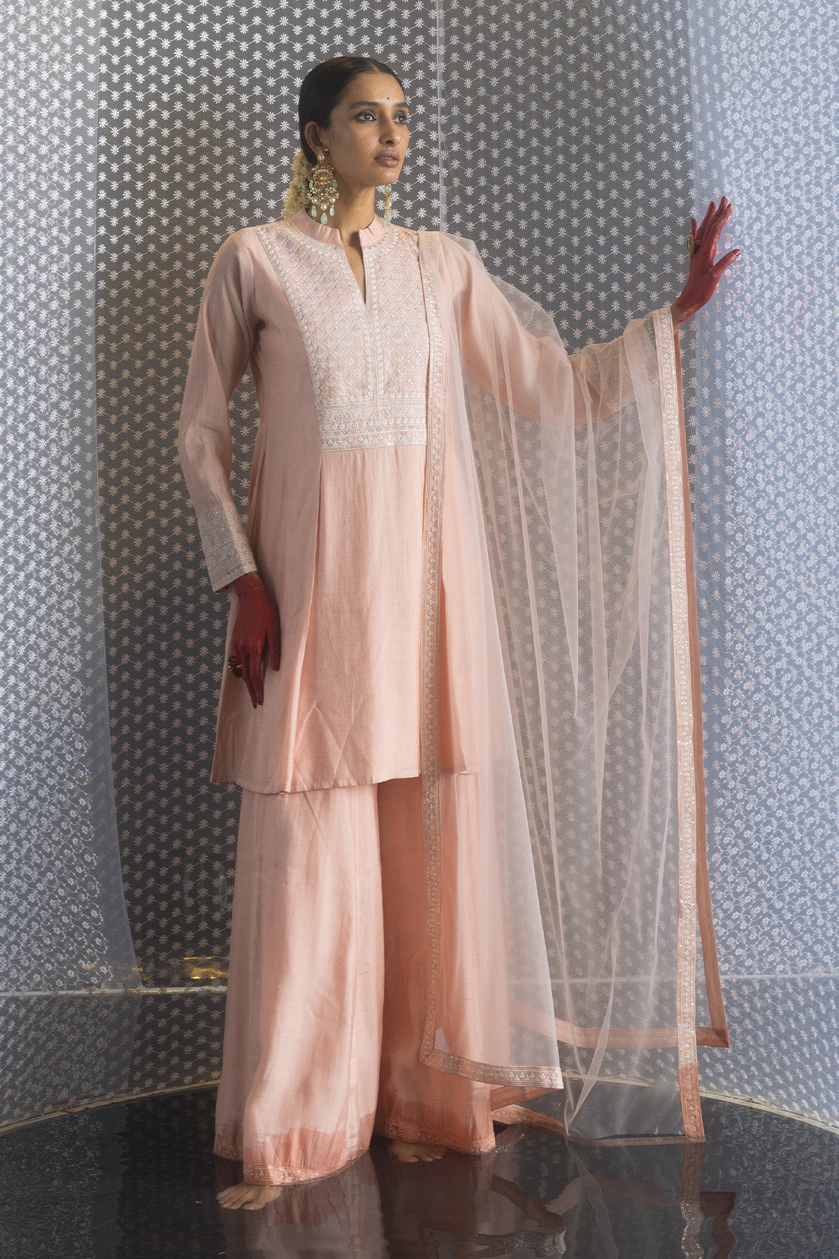 Peach Embroidered Flared Kurta Set