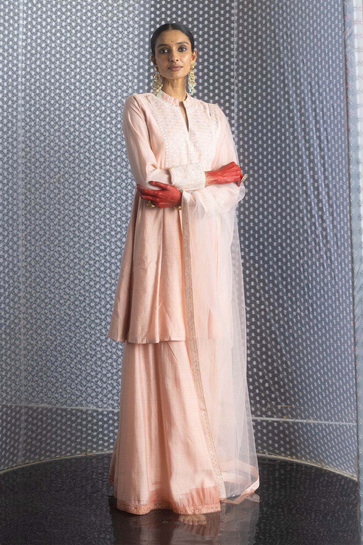 Peach Embroidered Flared Kurta Set