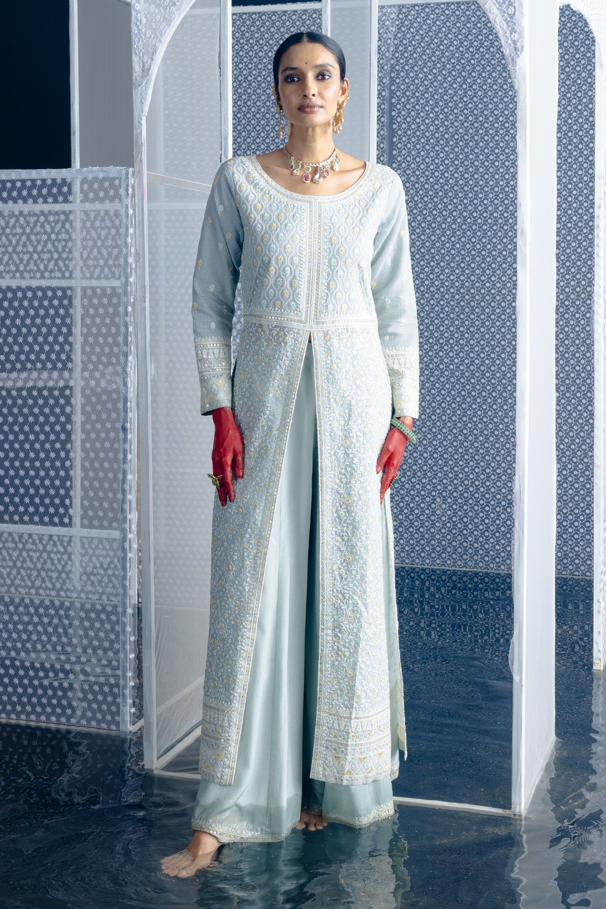 Green Embroidered Straight Kurta 3 Pcs Set