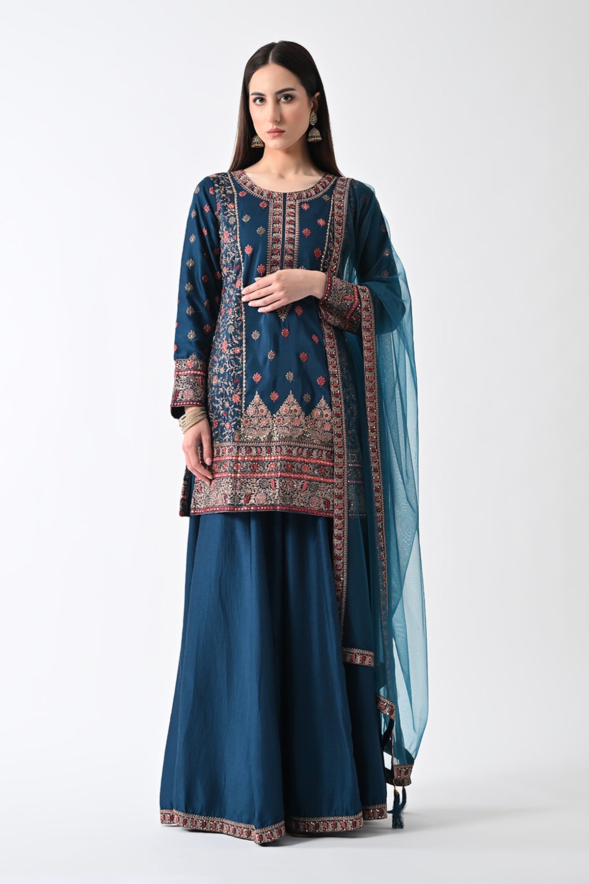 Teal Zari-Embroidered Kurta Set (3 Piece)