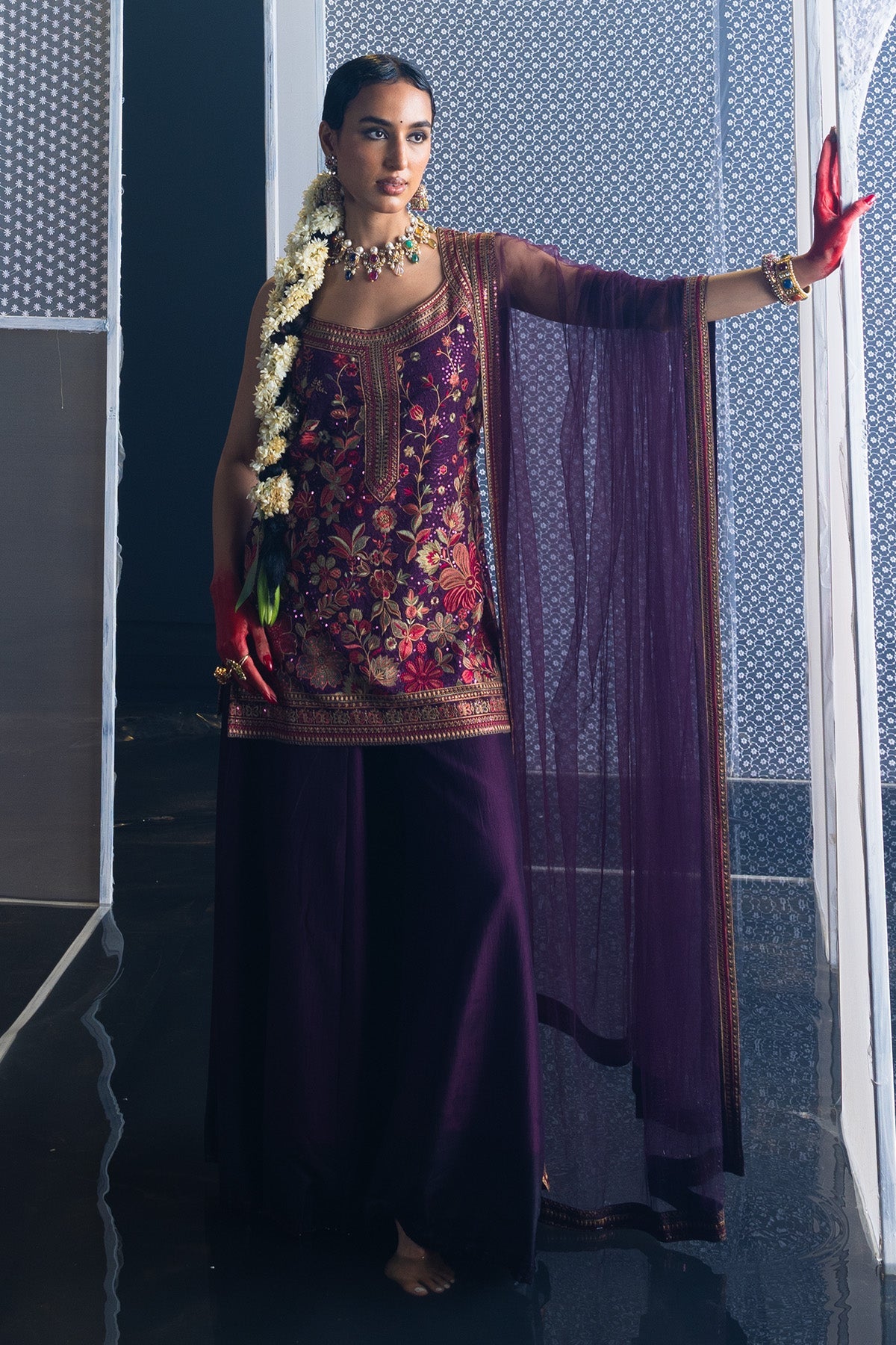 Purple Embroidered Short Kurta 3 Pcs Set