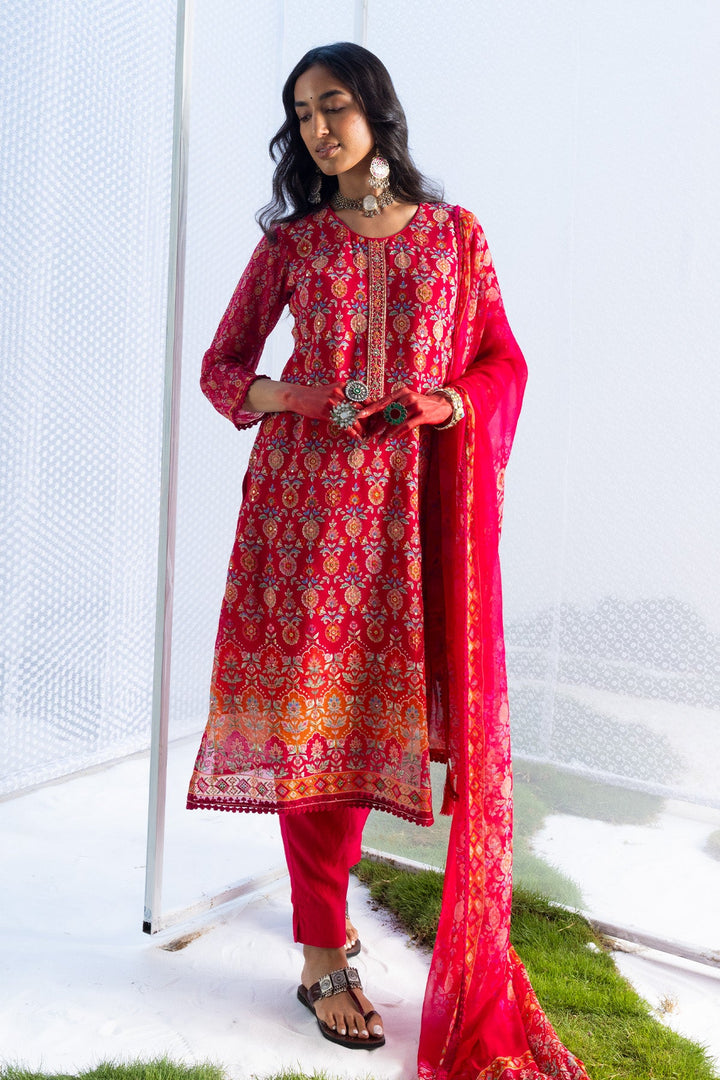 Pink Embroidered Straight Kurta Set