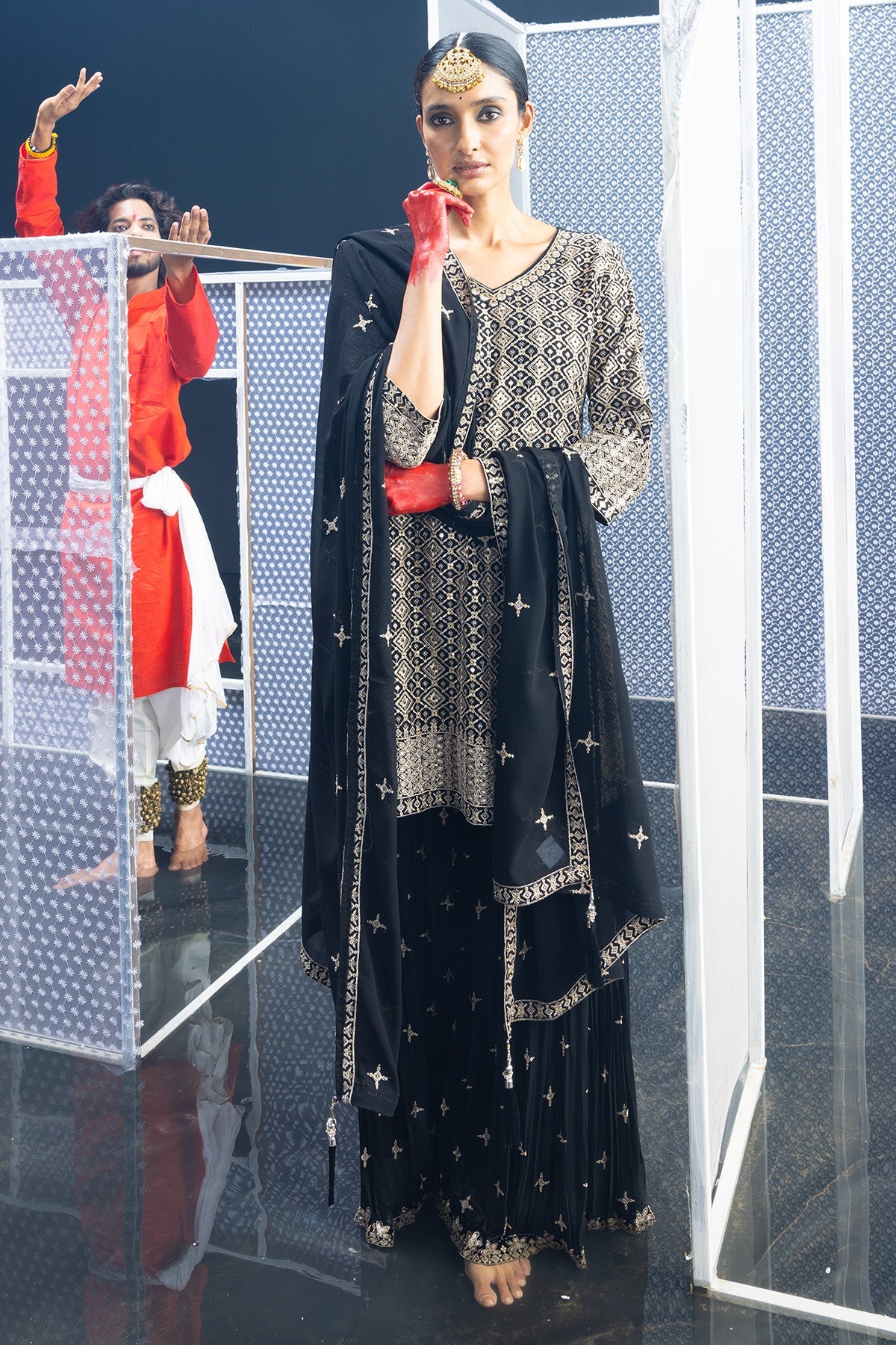 Black Embroidered Short Kurta 3 Pcs Set