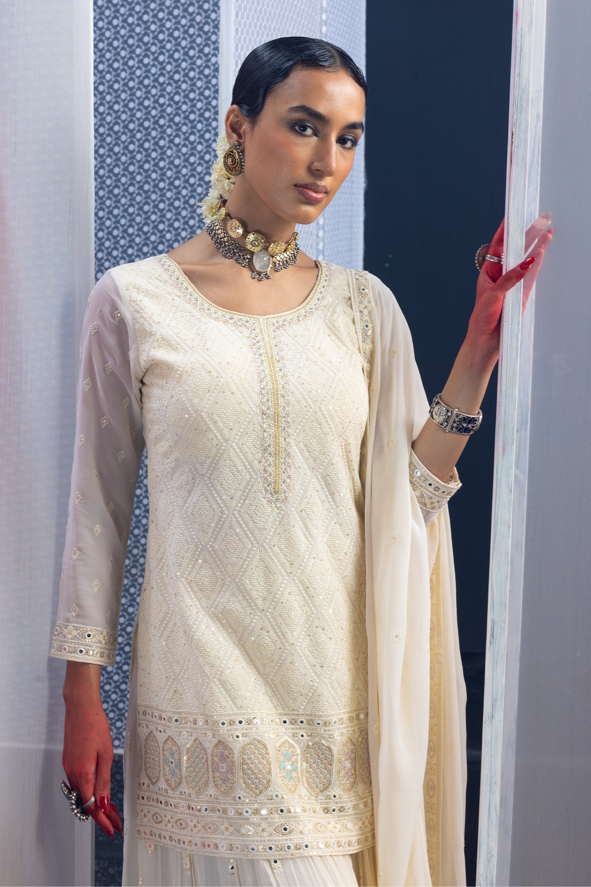 Cream Embroidered Short Kurta 3 Pcs Set