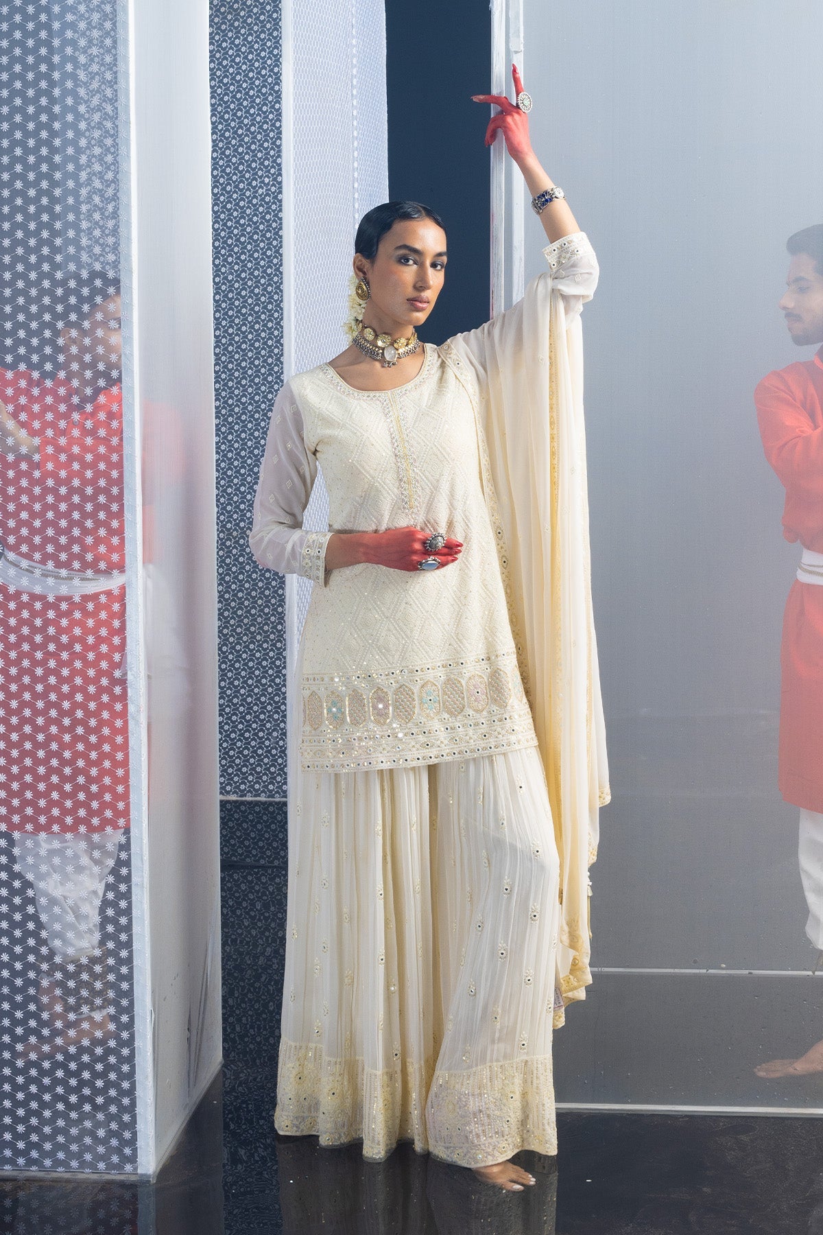 Cream Embroidered Short Kurta 3 Pcs Set