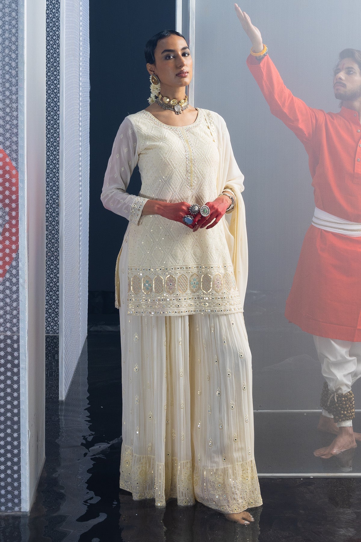 Cream Embroidered Short Kurta 3 Pcs Set