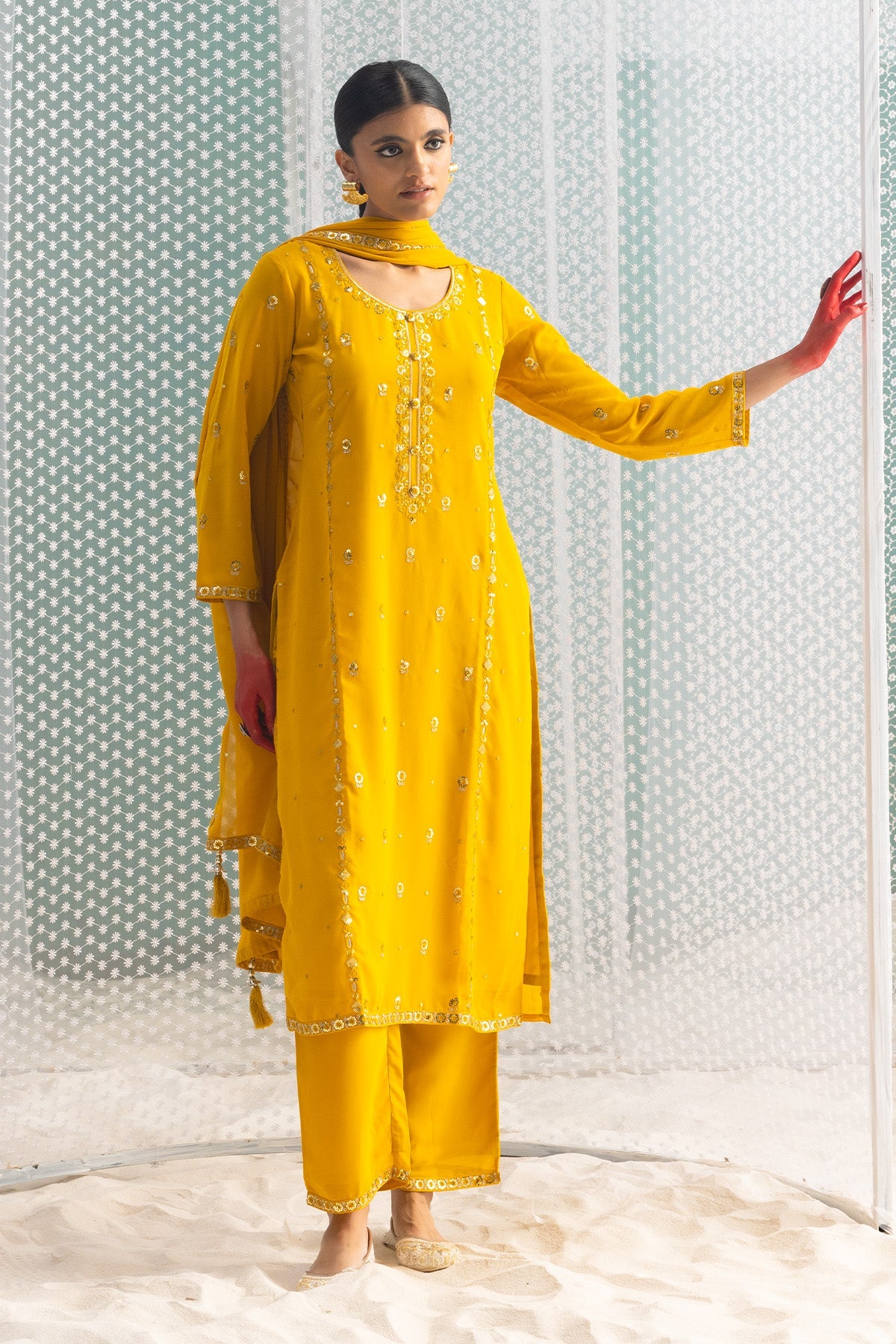 Mustard Embellished Straight Kurta Set