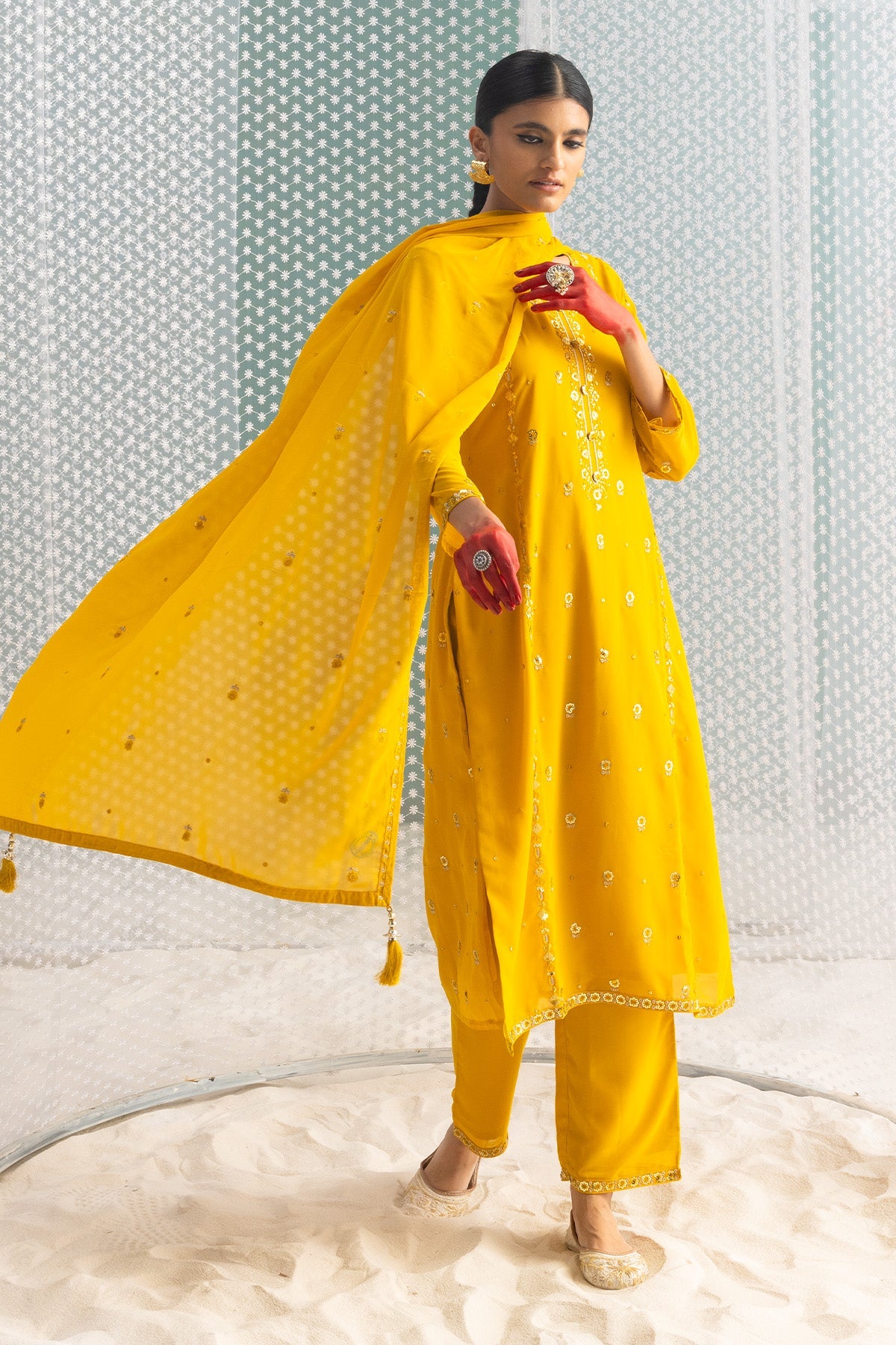 Mustard Embellished Straight Kurta Set