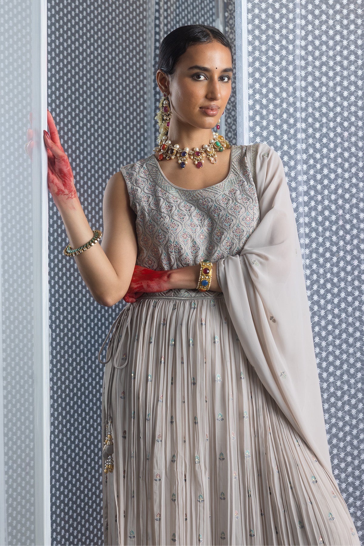 Beige Embellished Straight Kurta 3 Pcs Set