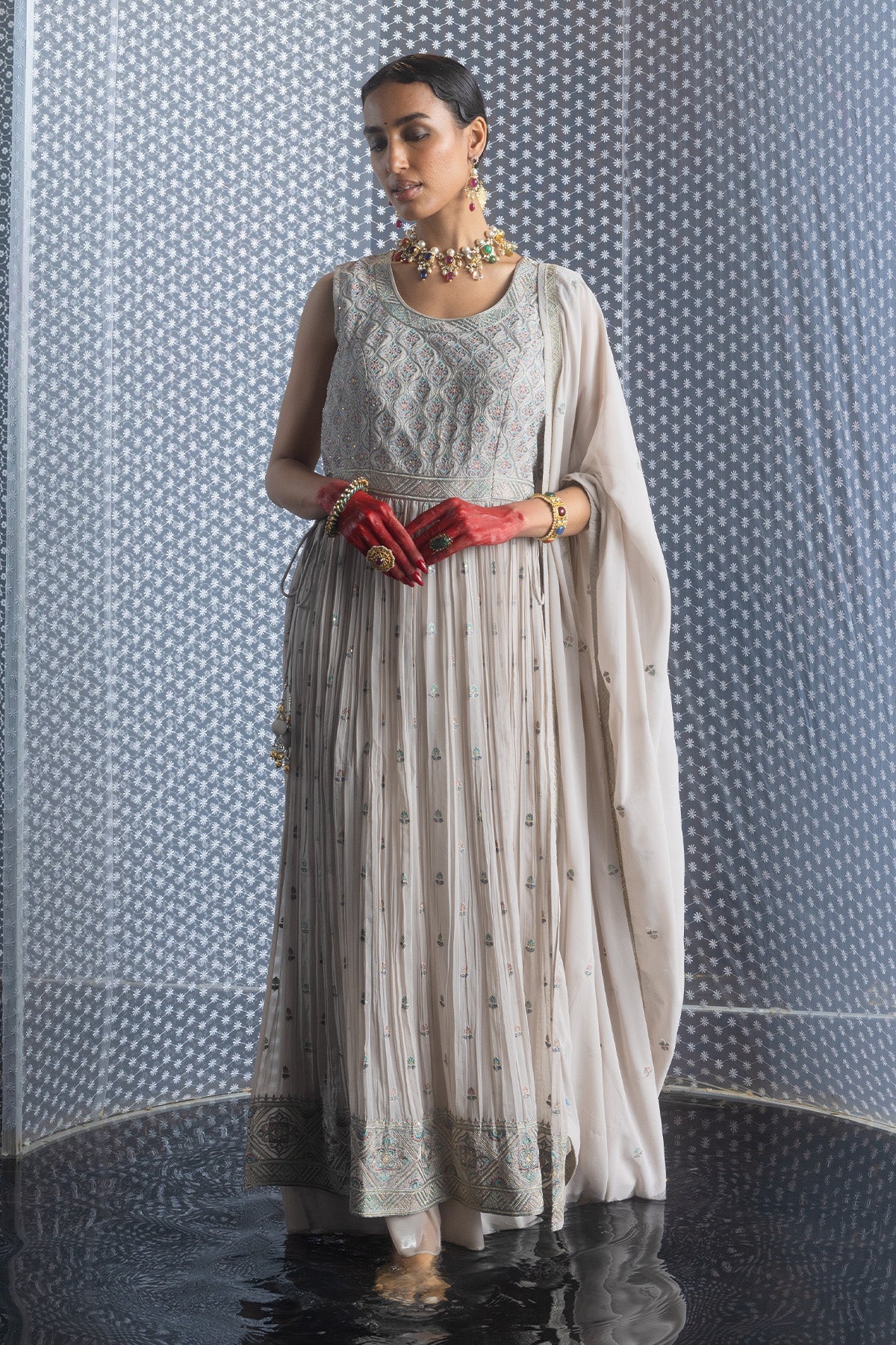 Beige Embellished Straight Kurta 3 Pcs Set