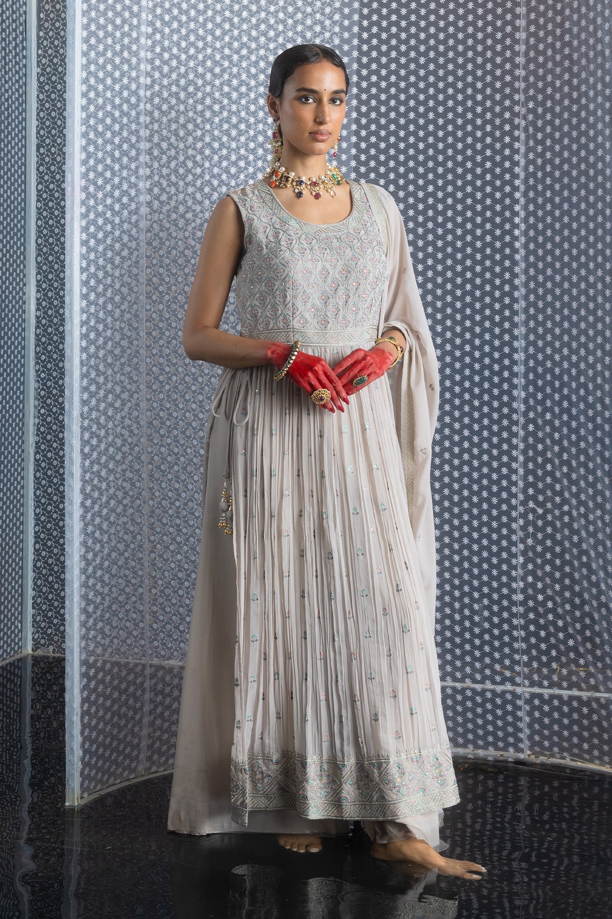 Beige Embellished Straight Kurta 3 Pcs Set