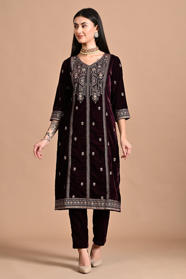 Purple Zari-Embroidered Kurta Set
