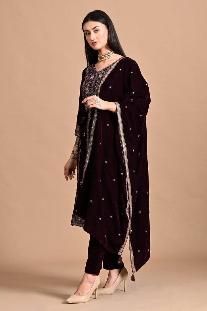 Purple Zari-Embroidered Kurta Set