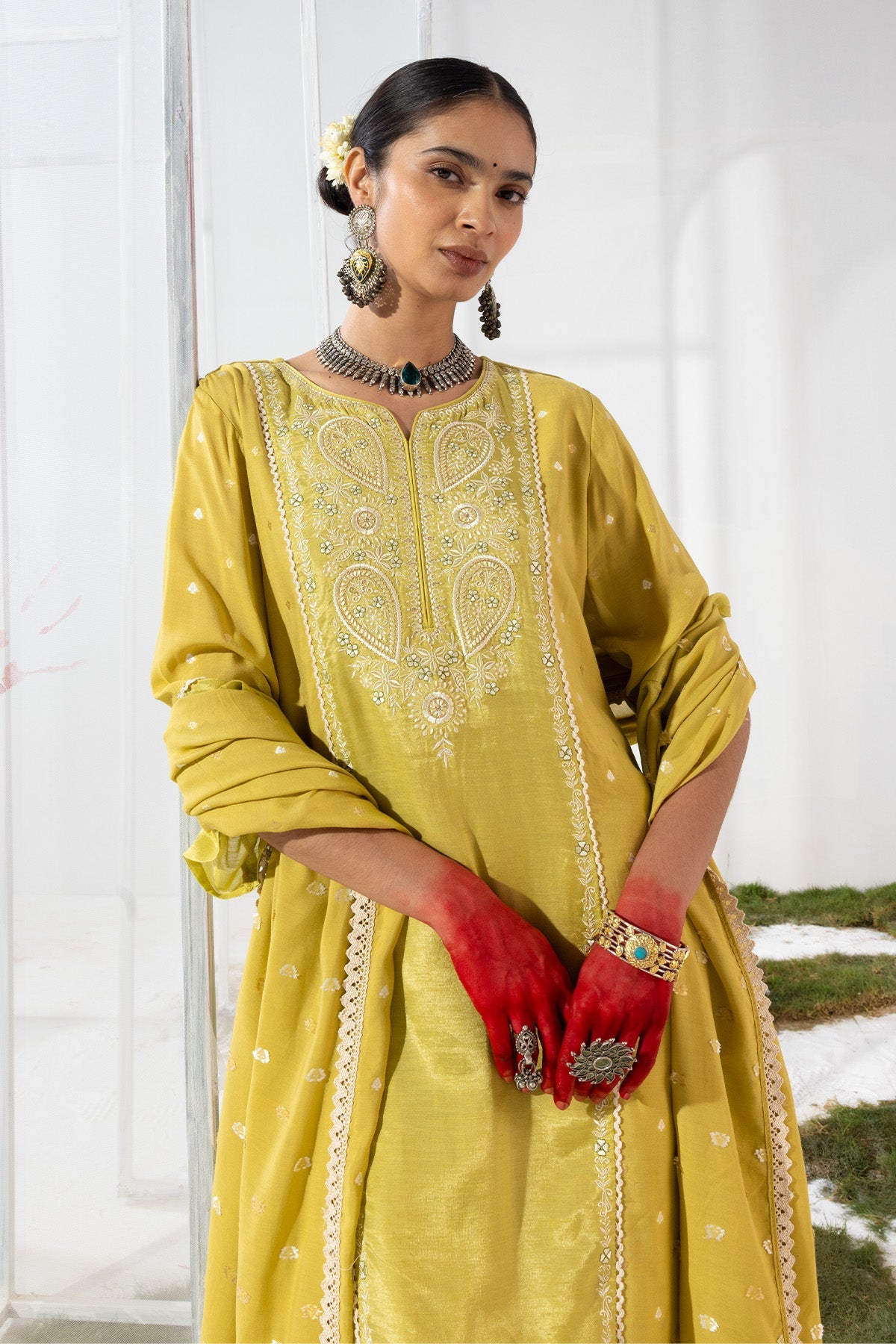Green Embroidered Straight Kurta 3 Pcs Set