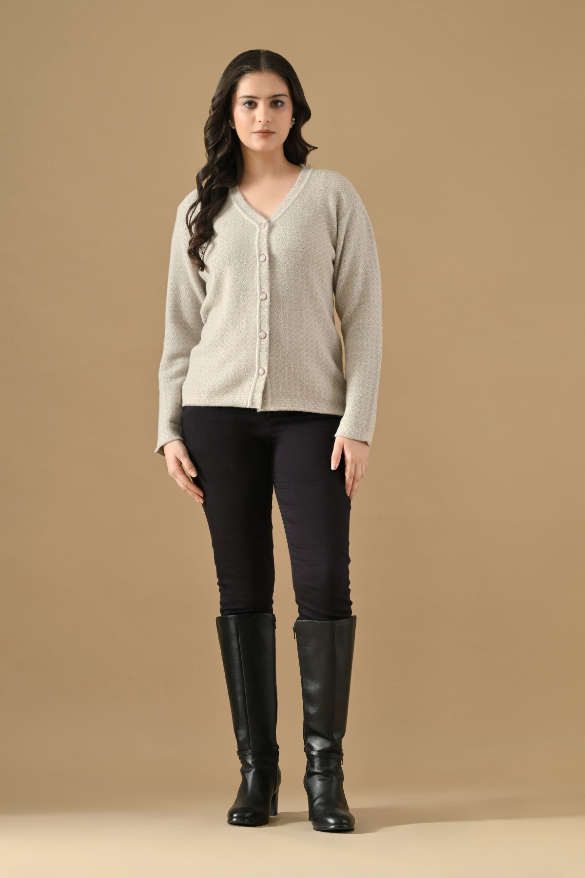 Winter Cream Self Design Woven Button-Down Cardigan