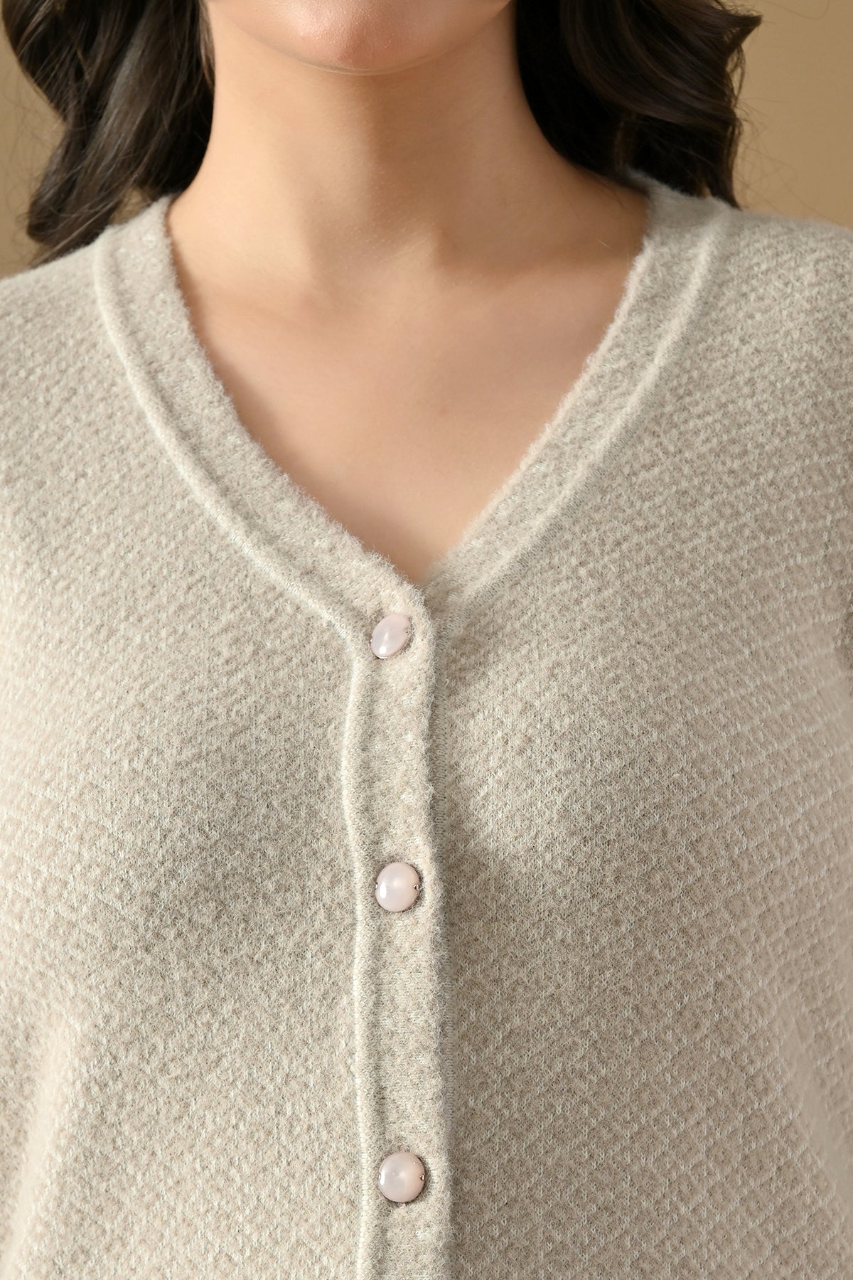 Winter Cream Self Design Woven Button-Down Cardigan