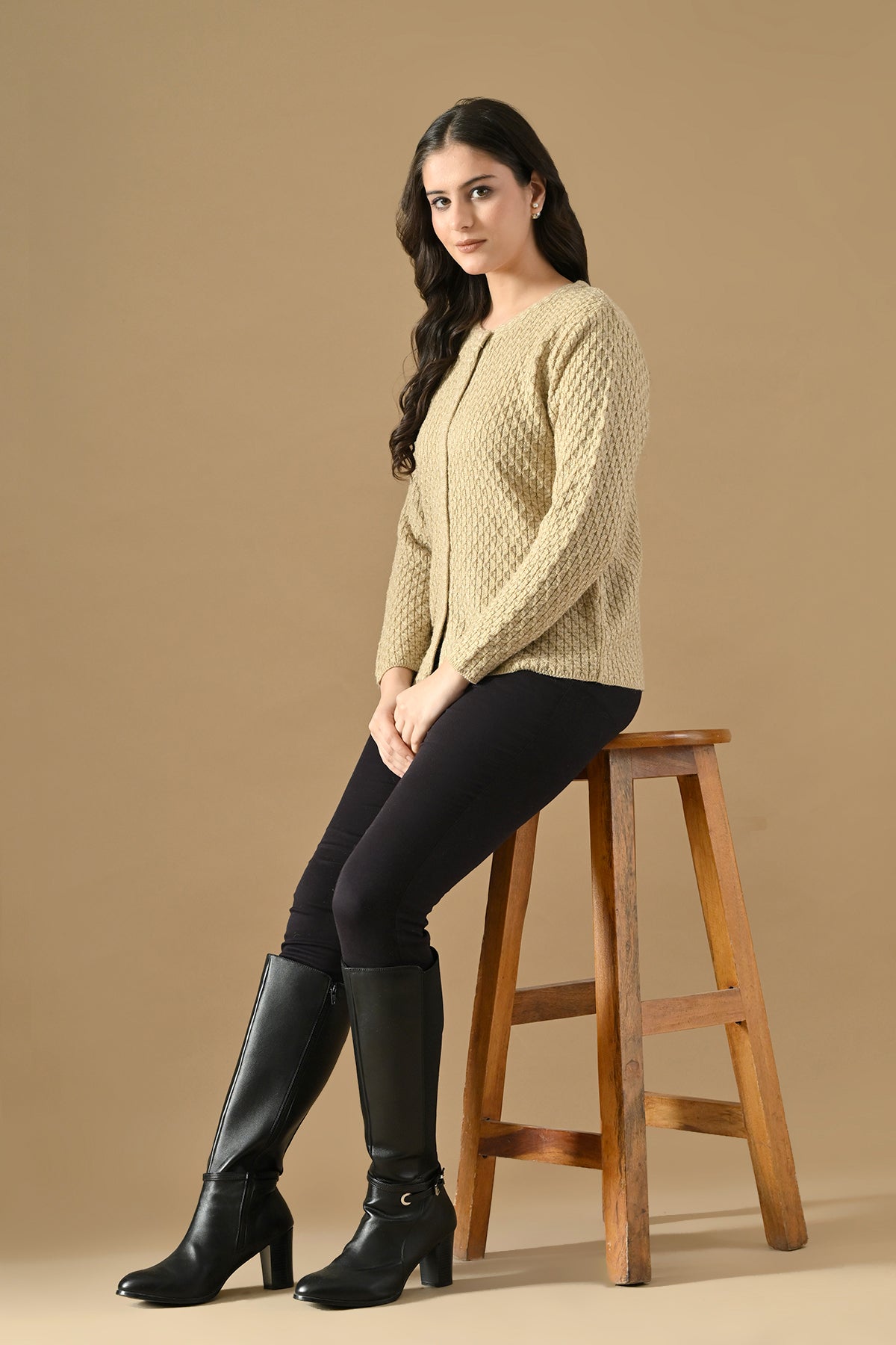 Winter Cream Self Design Woven Button-Down Cardigan