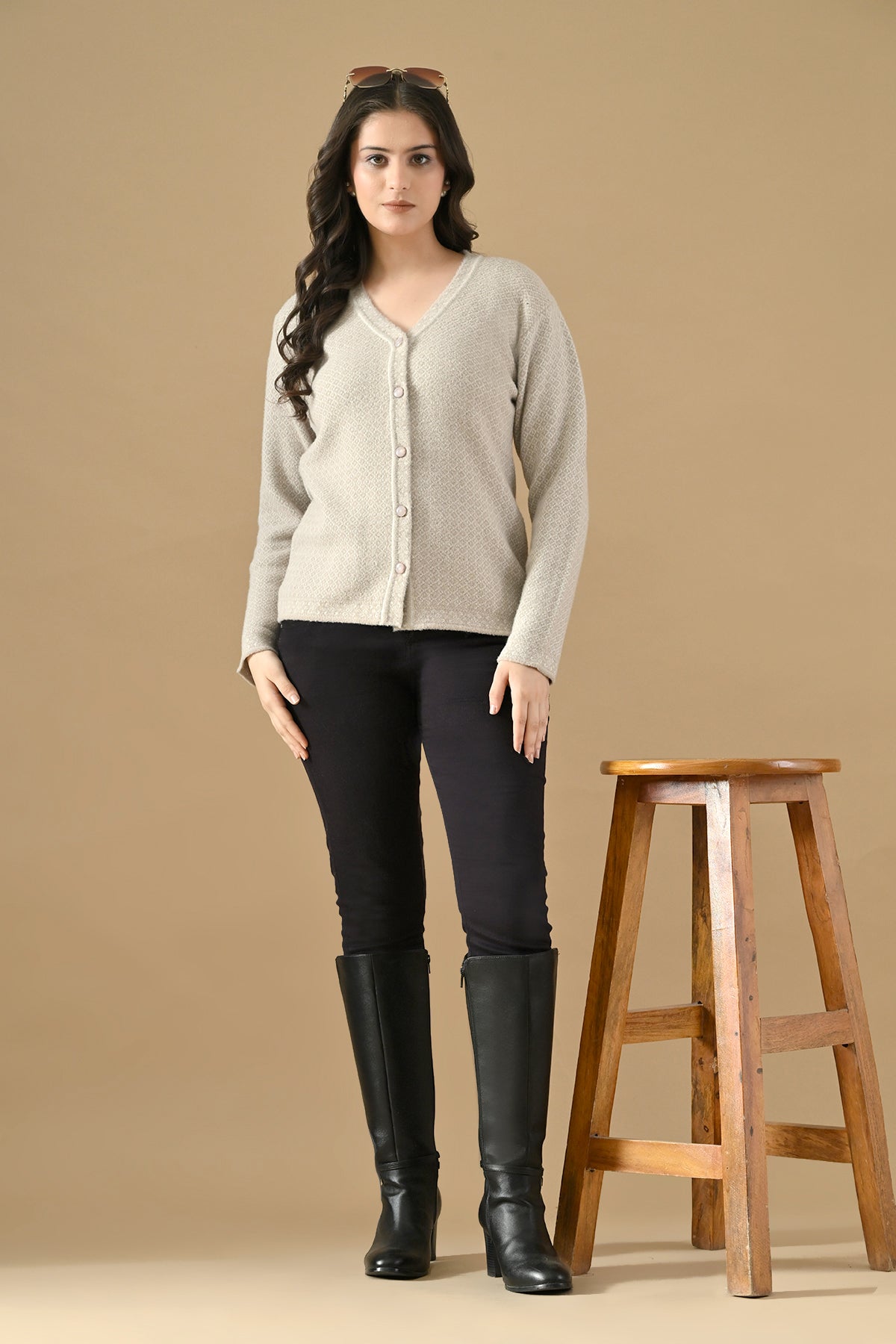 Winter Cream Self Design Woven Button-Down Cardigan
