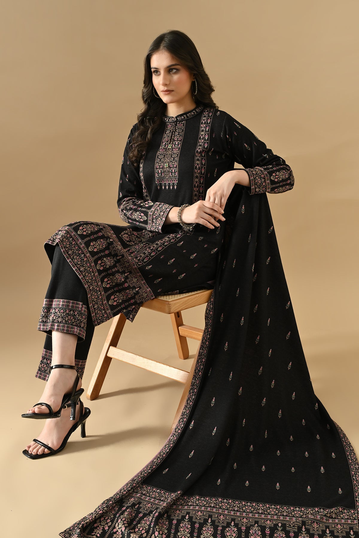Winter Black Ethnic Motifs Woven Kurta Set