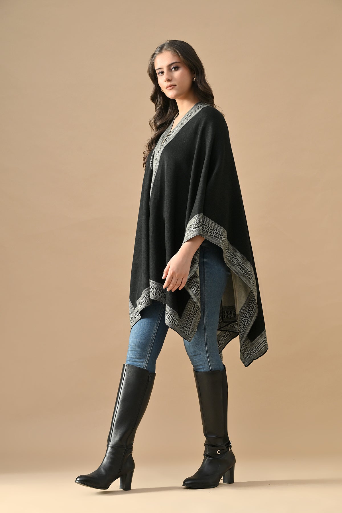 Winter Black Woven Poncho