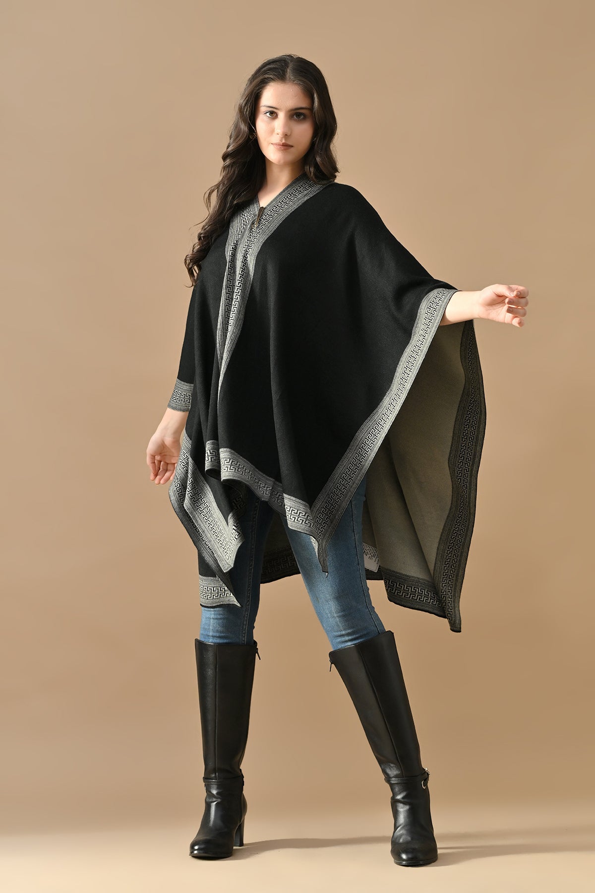 Winter Black Woven Poncho